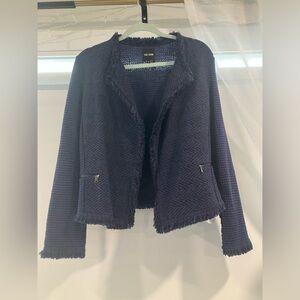 Nic and Zoe medium navy blue tweed frayed edges crop blazer